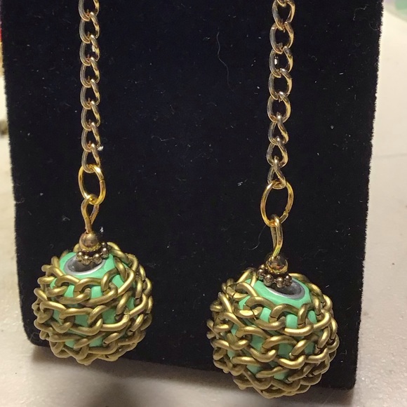 Fish hook earwire earrings 5” long w/gold metal chain & chain wrapped large bead - Picture 6 of 6